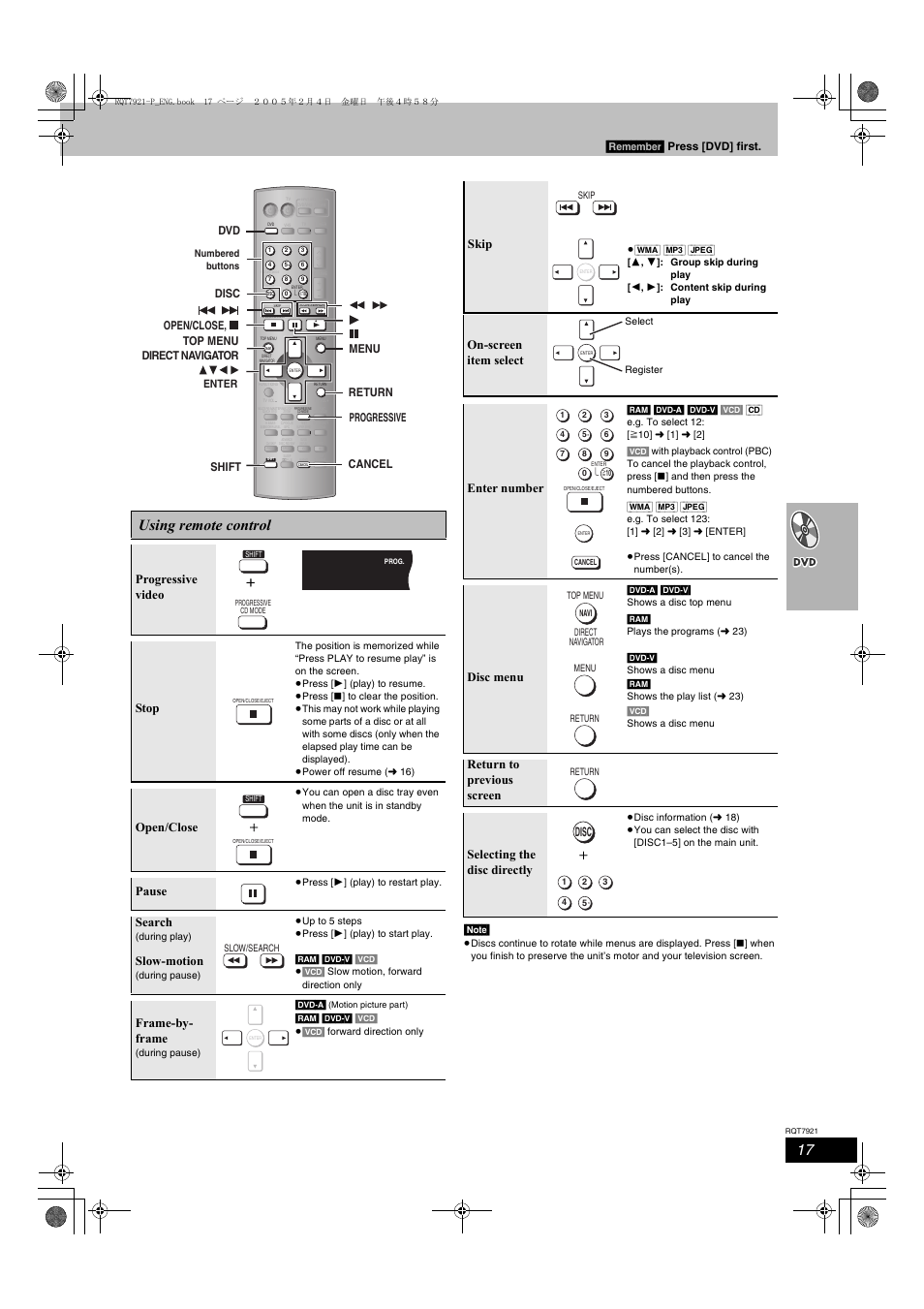 Using remote control, Progressive video stop, Open/close | Pause, Search, Slow-motion, Frame-by- frame, Skip, On-screen item select enter number, Disc menu | Panasonic SC-HT830V User Manual | Page 17 / 52