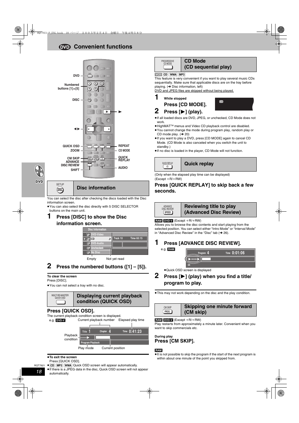 Convenient functions, Press [disc] to show the disc information screen, Press the numbered buttons ([1] – [5]) | Press [quick osd, Press [cd mode, Press [ 1 ] (play), Press [quick replay] to skip back a few seconds, Press [advance disc review, Press [cm skip, Disc | Panasonic SC-HT830V User Manual | Page 18 / 52