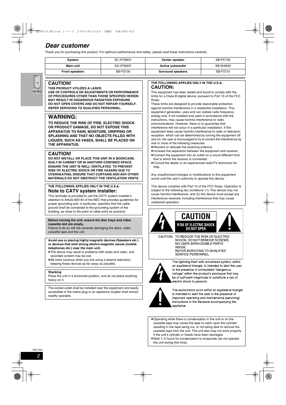 Dear customer, Warning, Caution | Panasonic SC-HT830V User Manual | Page 2 / 52