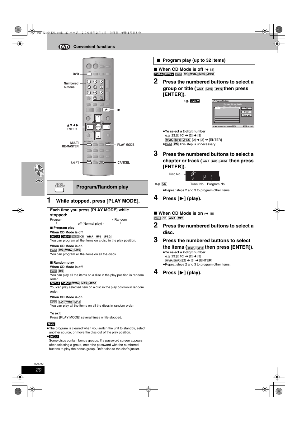 While stopped, press [play mode, Then press [enter]), Press [ 1 ] (play) | Press the numbered buttons to select a disc, Press the numbered buttons to select the items, Press [ 1 ] (play). program/random play, When cd mode is off, When cd mode is on, Program play (up to 32 items), Convenient functions | Panasonic SC-HT830V User Manual | Page 20 / 52