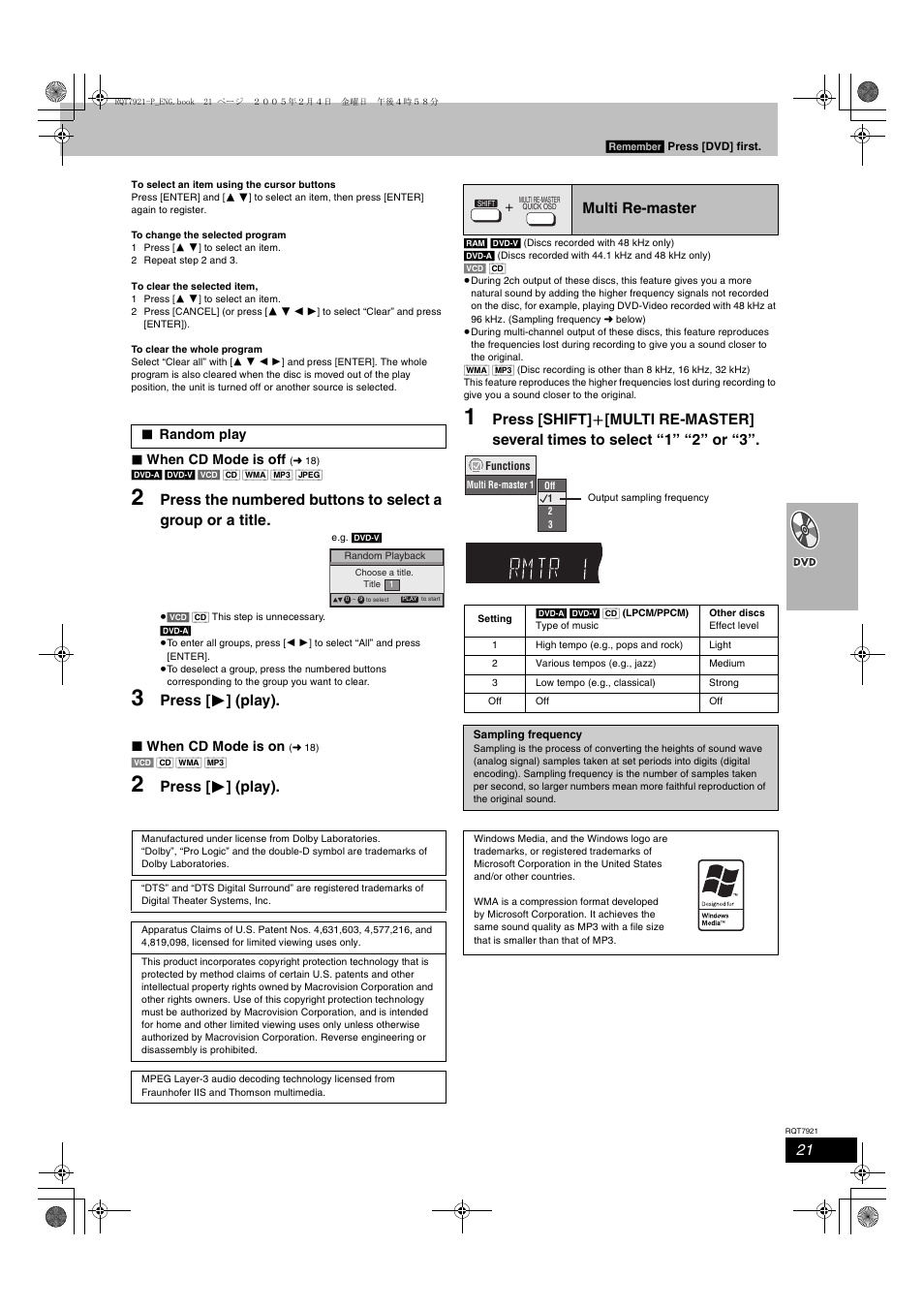 Press [ 1 ] (play), Multi re-master | Panasonic SC-HT830V User Manual | Page 21 / 52