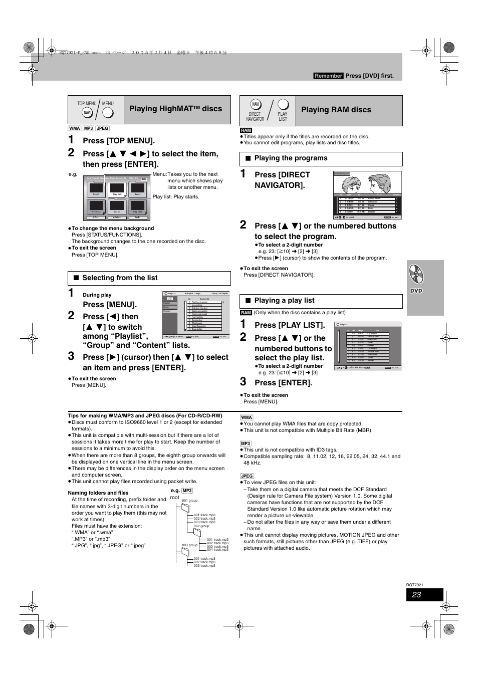 Press [top menu, Press [menu, Press [ 1 ] (cursor) | Then [ 3 4 ] to select an item and press [enter, Press [direct navigator, Press [play list, Press [enter, Playing highmat, Discs, Playing ram discs | Panasonic SC-HT830V User Manual | Page 23 / 52