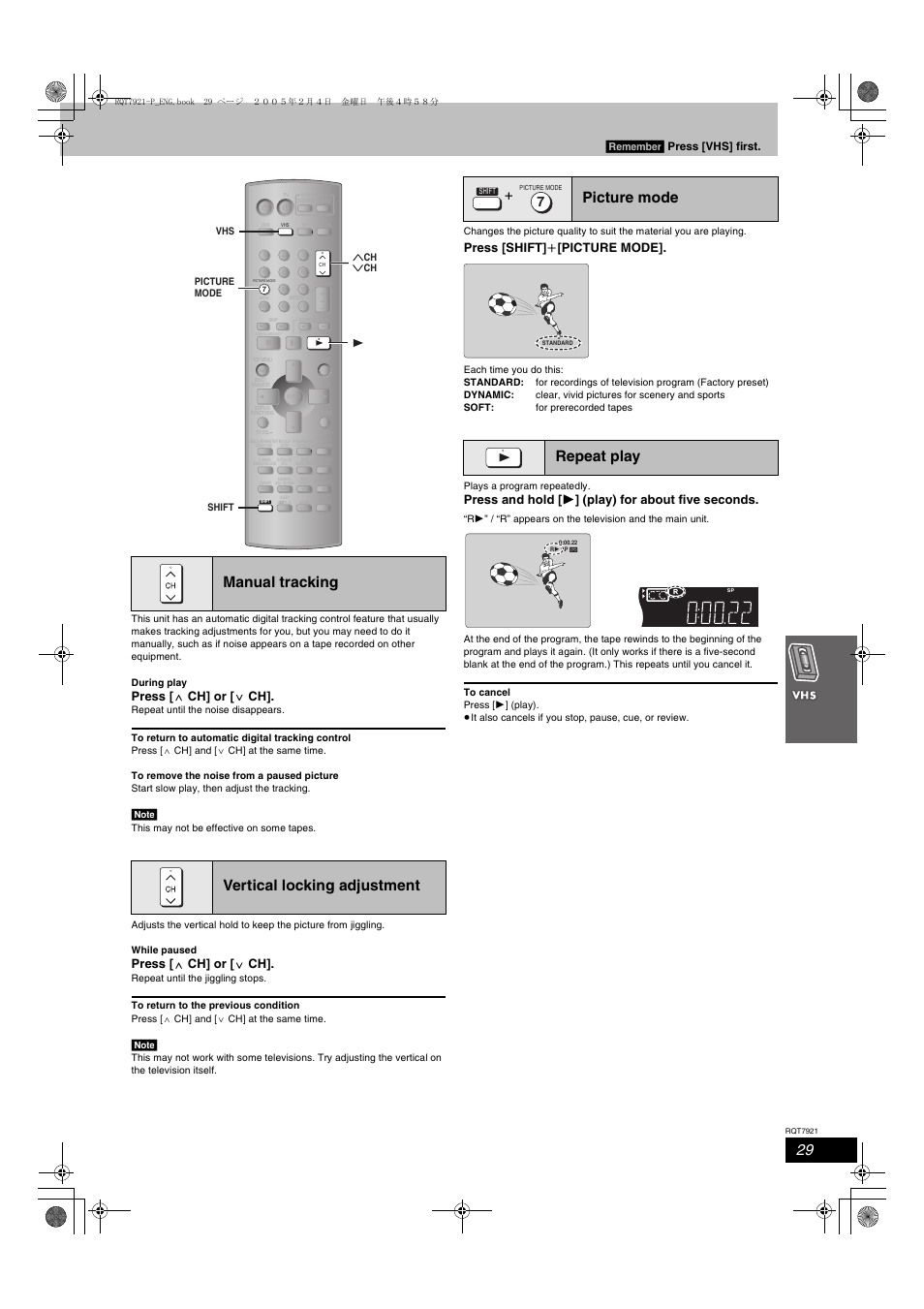 Manual tracking vertical locking adjustment, Picture mode repeat play, Press [ w ch] or [ x ch | Press [shift] i [picture mode, Press and hold [ 1 ] (play) for about five seconds, Remember, Press [vhs] first | Panasonic SC-HT830V User Manual | Page 29 / 52