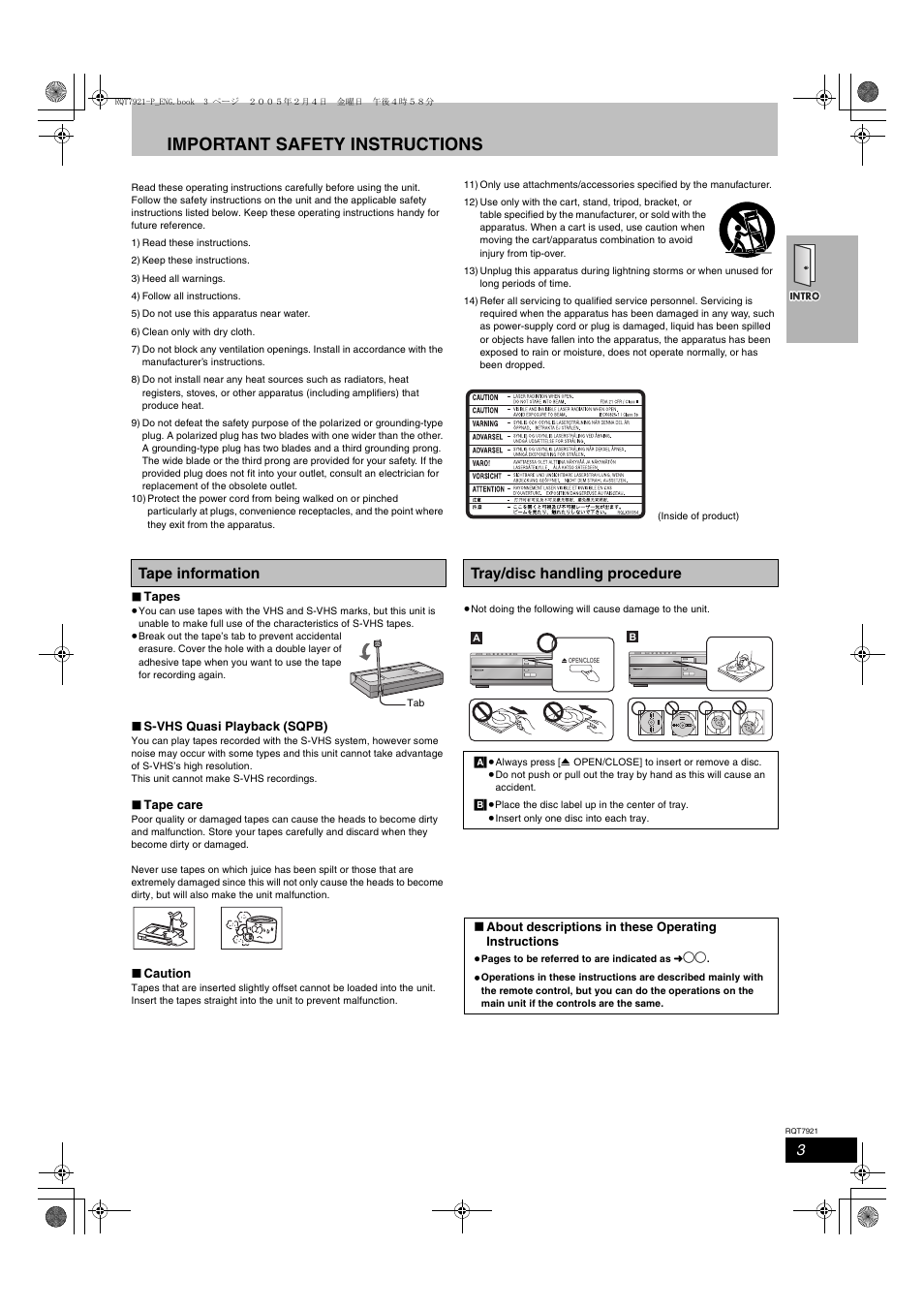 Intro, Important safety instructions, Tape information | Tray/disc handling procedure | Panasonic SC-HT830V User Manual | Page 3 / 52