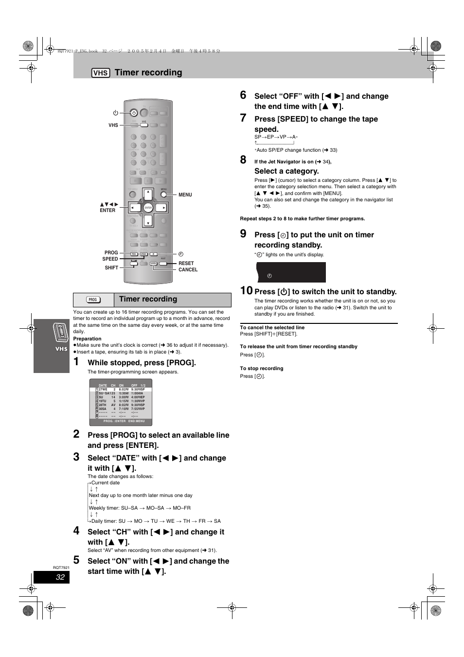 Timer recording, While stopped, press [prog, Select “ch” with [ 2 1 ] and change it with [ 3 4 | Press [speed] to change the tape speed, Select a category, Press [ í ] to switch the unit to standby | Panasonic SC-HT830V User Manual | Page 32 / 52