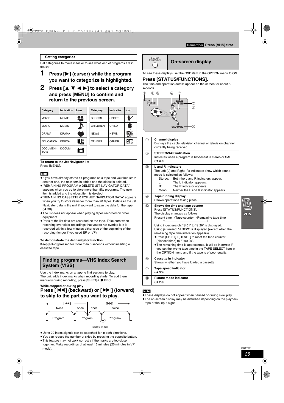 Press [status/functions, Finding programs—vhs index search system (viss), On-screen display | Panasonic SC-HT830V User Manual | Page 35 / 52