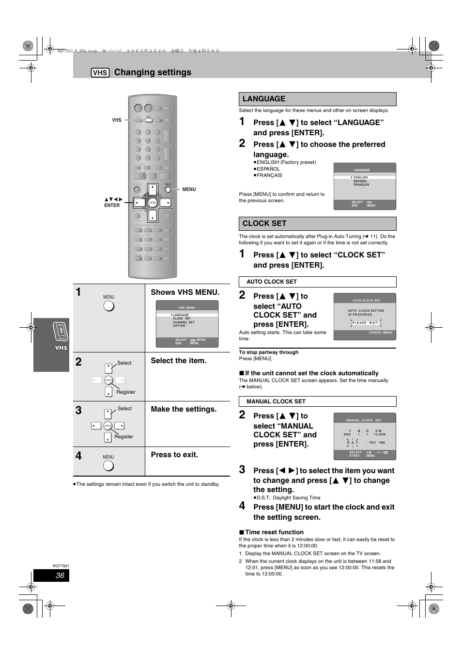 Changing settings, Press [ 3 4 ] to choose the preferred language, Shows vhs menu | Select the item, Make the settings, Press to exit, Language clock set, If the unit cannot set the clock automatically, Time reset function | Panasonic SC-HT830V User Manual | Page 36 / 52