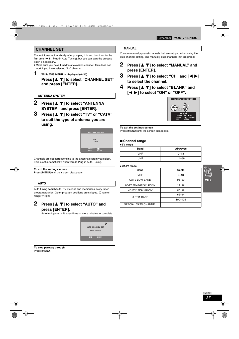 Press [ 3 4 ] to select “auto” and press [enter, Press [ 3 4 ] to select “manual” and press [enter, Channel set | Panasonic SC-HT830V User Manual | Page 37 / 52