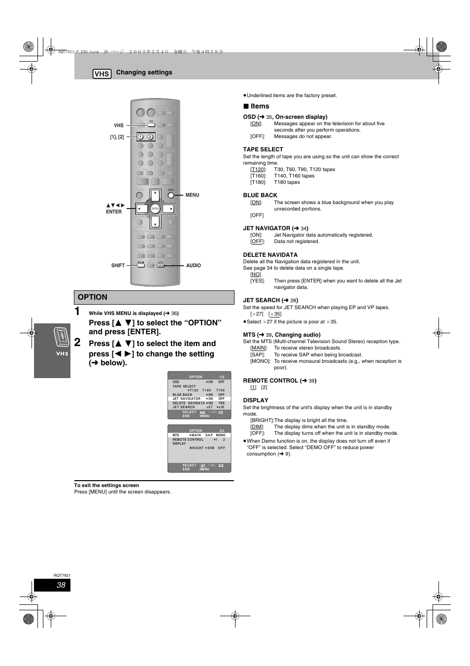 Option, Items, Changing settings | Panasonic SC-HT830V User Manual | Page 38 / 52