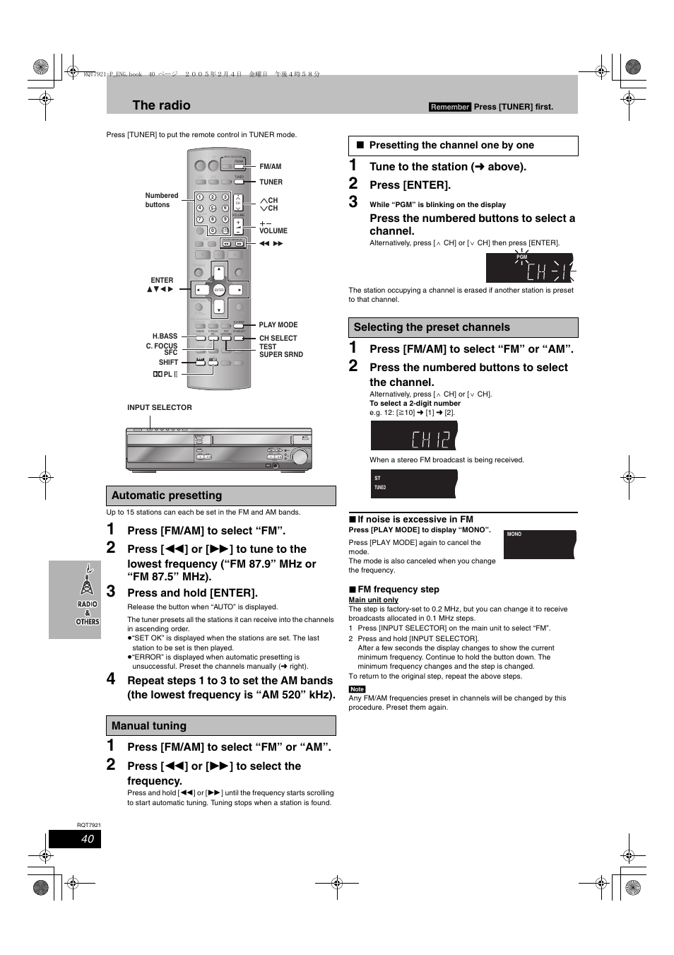 Radio and others, The radio, Press [fm/am] to select “fm | Press and hold [enter, Press [fm/am] to select “fm” or “am, Press [ 6 ] or [ 5 ] to select the frequency, Tune to the station ( l above), Press [enter, Press the numbered buttons to select a channel, Press the numbered buttons to select the channel | Panasonic SC-HT830V User Manual | Page 40 / 52