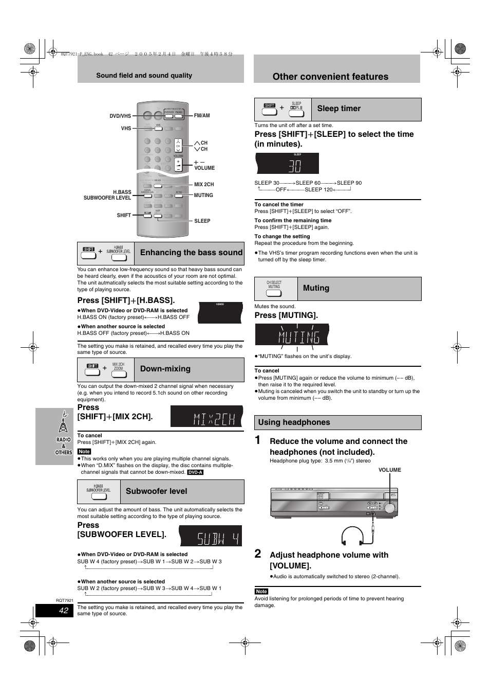 Other convenient features, Press [shift] i [h.bass, Press [shift] i [mix 2ch | Press [subwoofer level, Press [muting, Adjust headphone volume with [volume, Sleep timer muting using headphones, Down up phones volume, Demo, Sound field and sound quality | Panasonic SC-HT830V User Manual | Page 42 / 52