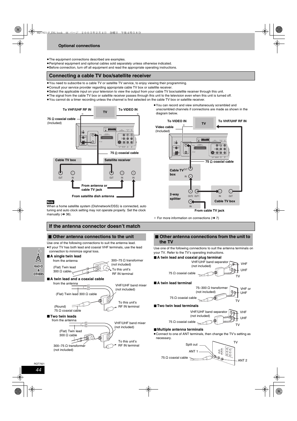 Connecting a cable tv box/satellite receiver, If the antenna connector doesn’t match, Other antenna connections to the unit | Other antenna connections from the unit to the tv, Optional connections | Panasonic SC-HT830V User Manual | Page 44 / 52