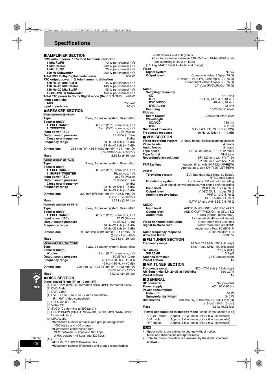 Specifications, General | Panasonic SC-HT830V User Manual | Page 48 / 52