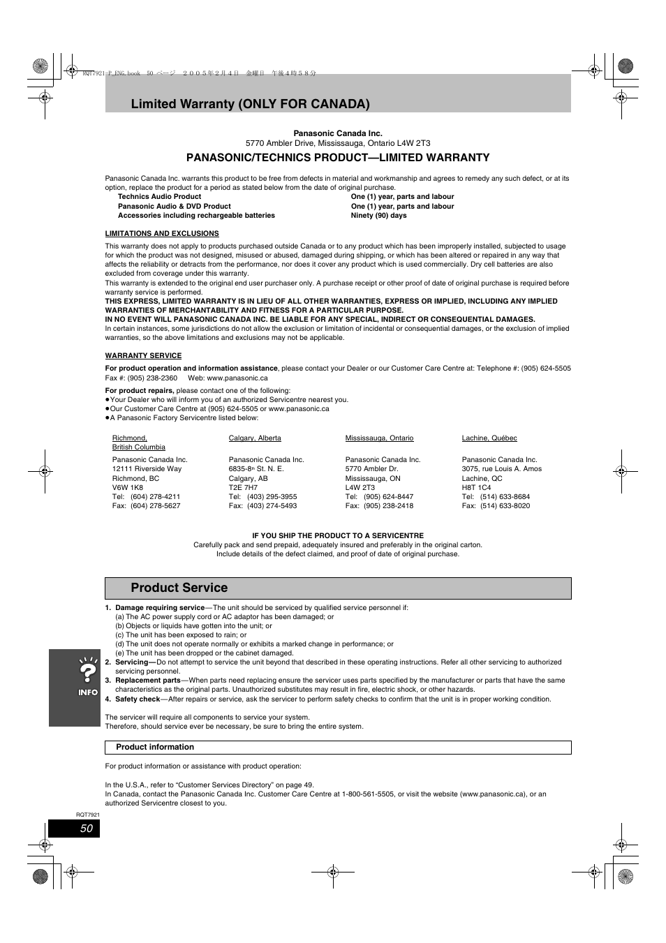 Limited warranty (only for canada), Product service, Panasonic/technics product—limited warranty | Panasonic SC-HT830V User Manual | Page 50 / 52