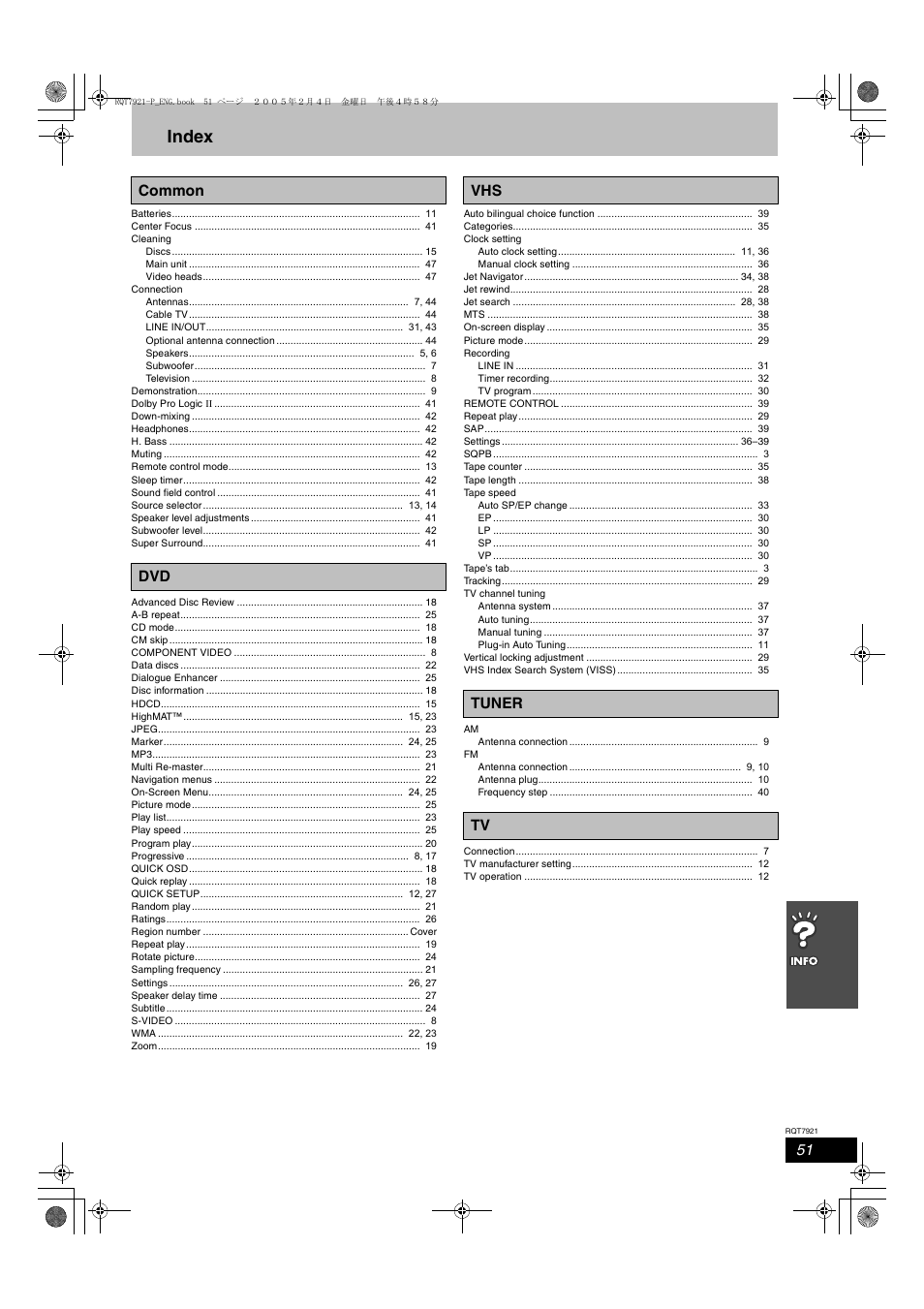 Index, Common dvd vhs tuner tv | Panasonic SC-HT830V User Manual | Page 51 / 52