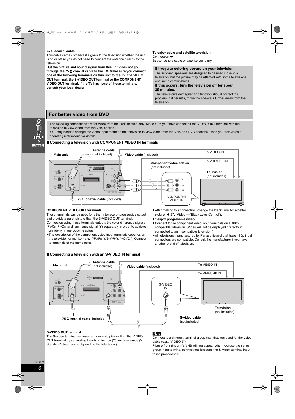 For better video from dvd, If irregular coloring occurs on your television, Y/b-y/r-y, y/c | Panasonic SC-HT830V User Manual | Page 8 / 52