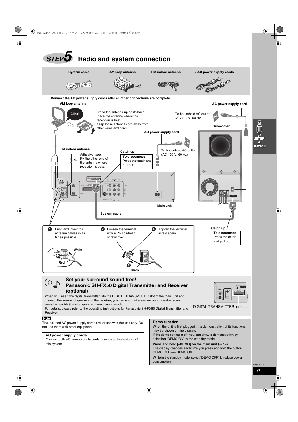 Step 5 radio and system connections, Step, Radio and system connection | Loop ant gnd a, Sto sb-wa830, Ac power supply cords, Demo function, Digital transmitter terminal | Panasonic SC-HT830V User Manual | Page 9 / 52