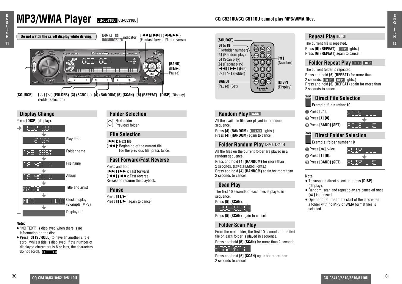 Mp3/wma player, Folder selection, File selection | Fast forward/fast reverse, Pause, Display change, Random play, Folder random play, Scan play, Folder scan play | Panasonic C5310U User Manual | Page 10 / 26