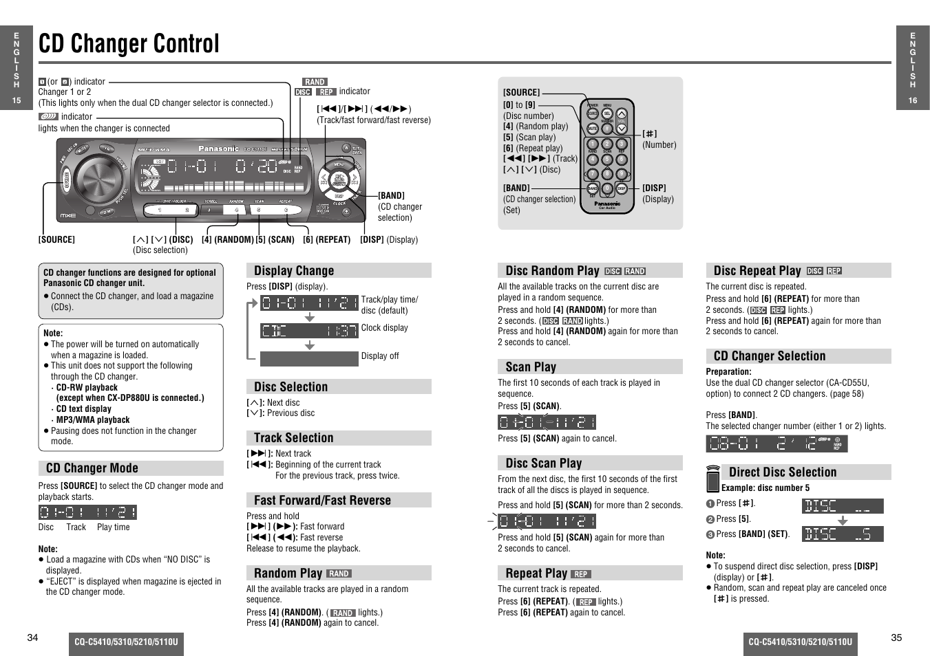 Cd changer control, Display change, Disc selection | Track selection, Fast forward/fast reverse, Random play, Cd changer mode, Disc random play, Scan play, Disc scan play | Panasonic C5310U User Manual | Page 12 / 26