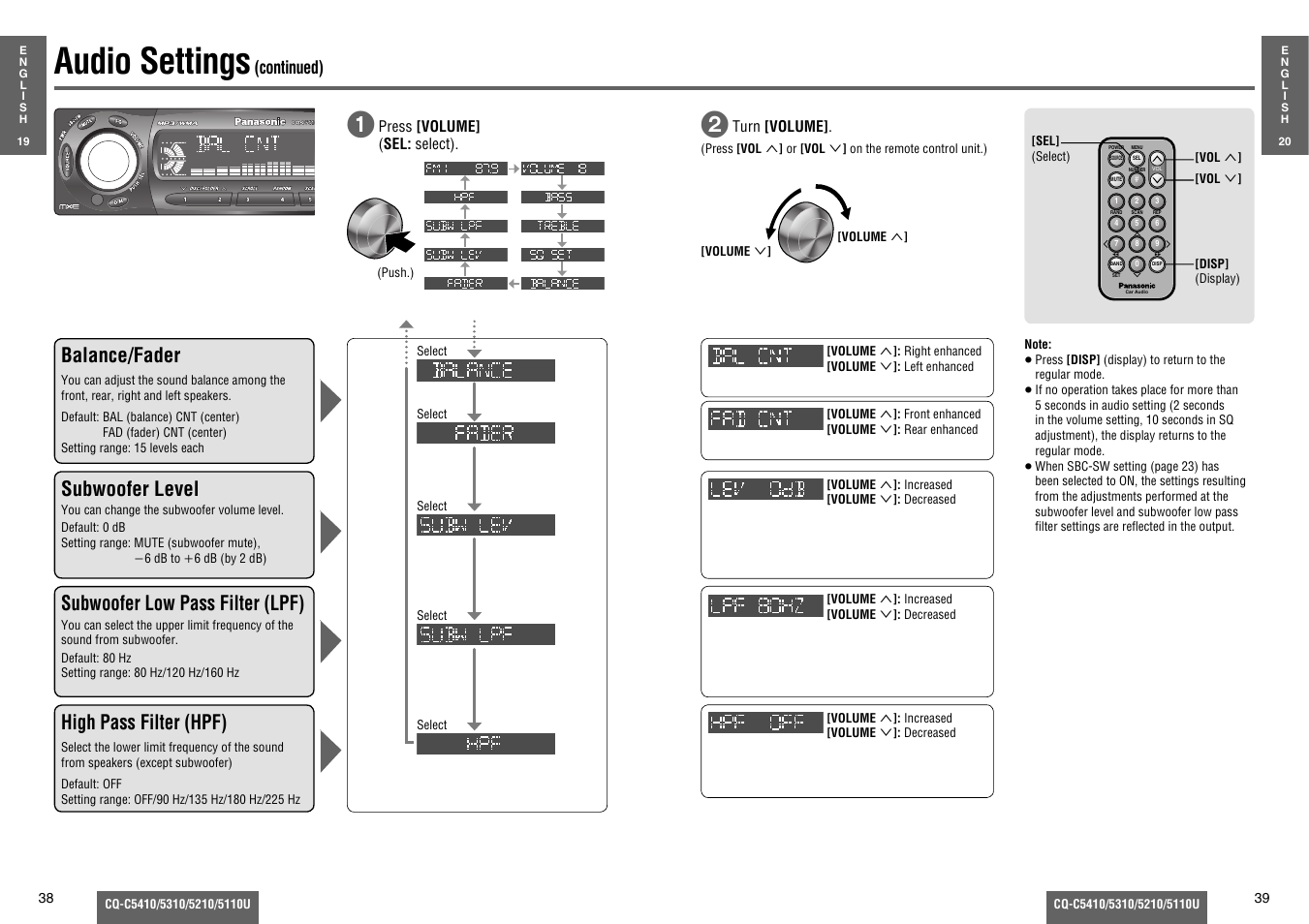 Audio settings, Balance/fader, Subwoofer level | Subwoofer low pass filter (lpf), High pass filter (hpf), Continued) | Panasonic C5310U User Manual | Page 14 / 26