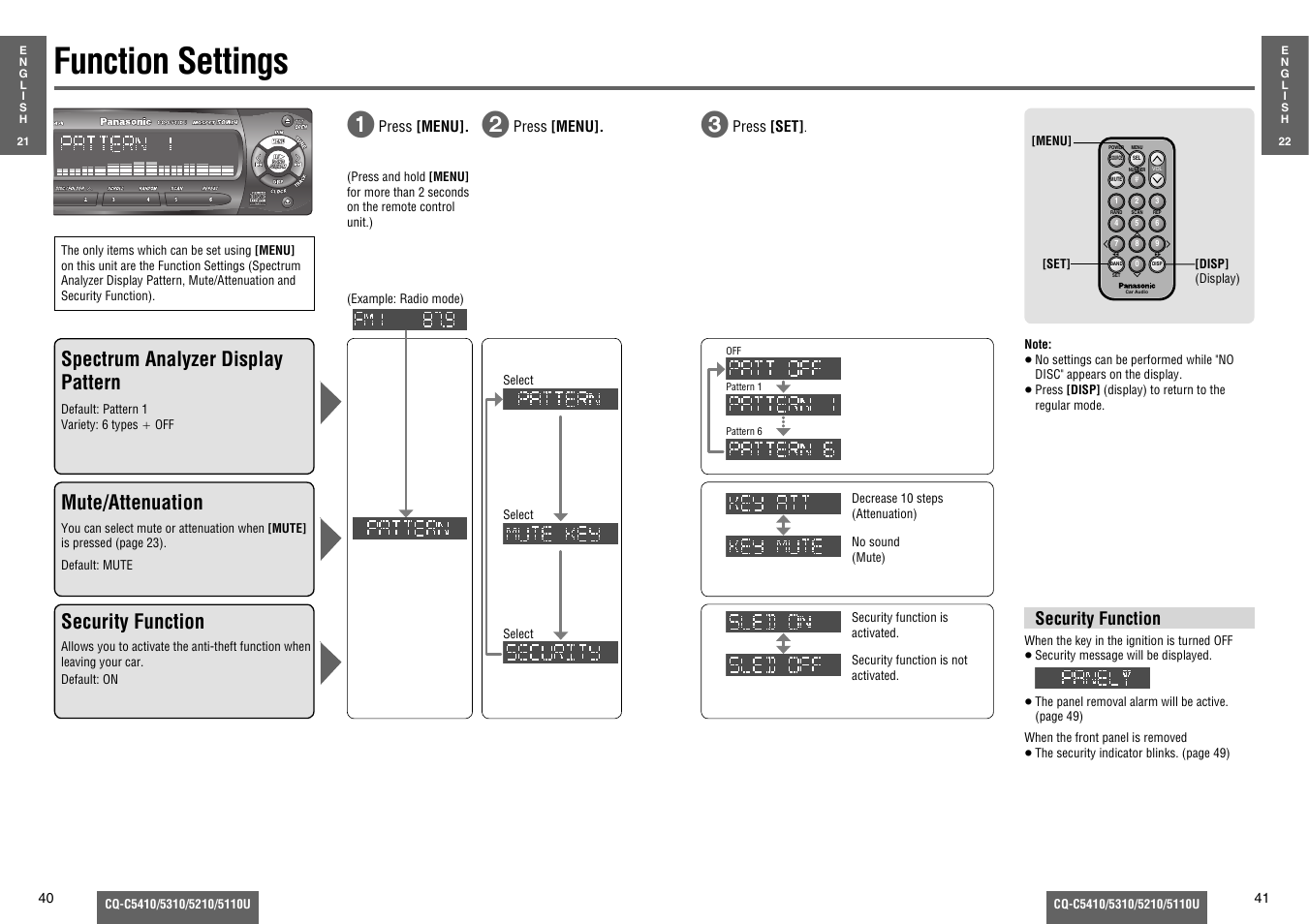 Function settings, Spectrum analyzer display pattern, Mute/attenuation | Security function | Panasonic C5310U User Manual | Page 15 / 26