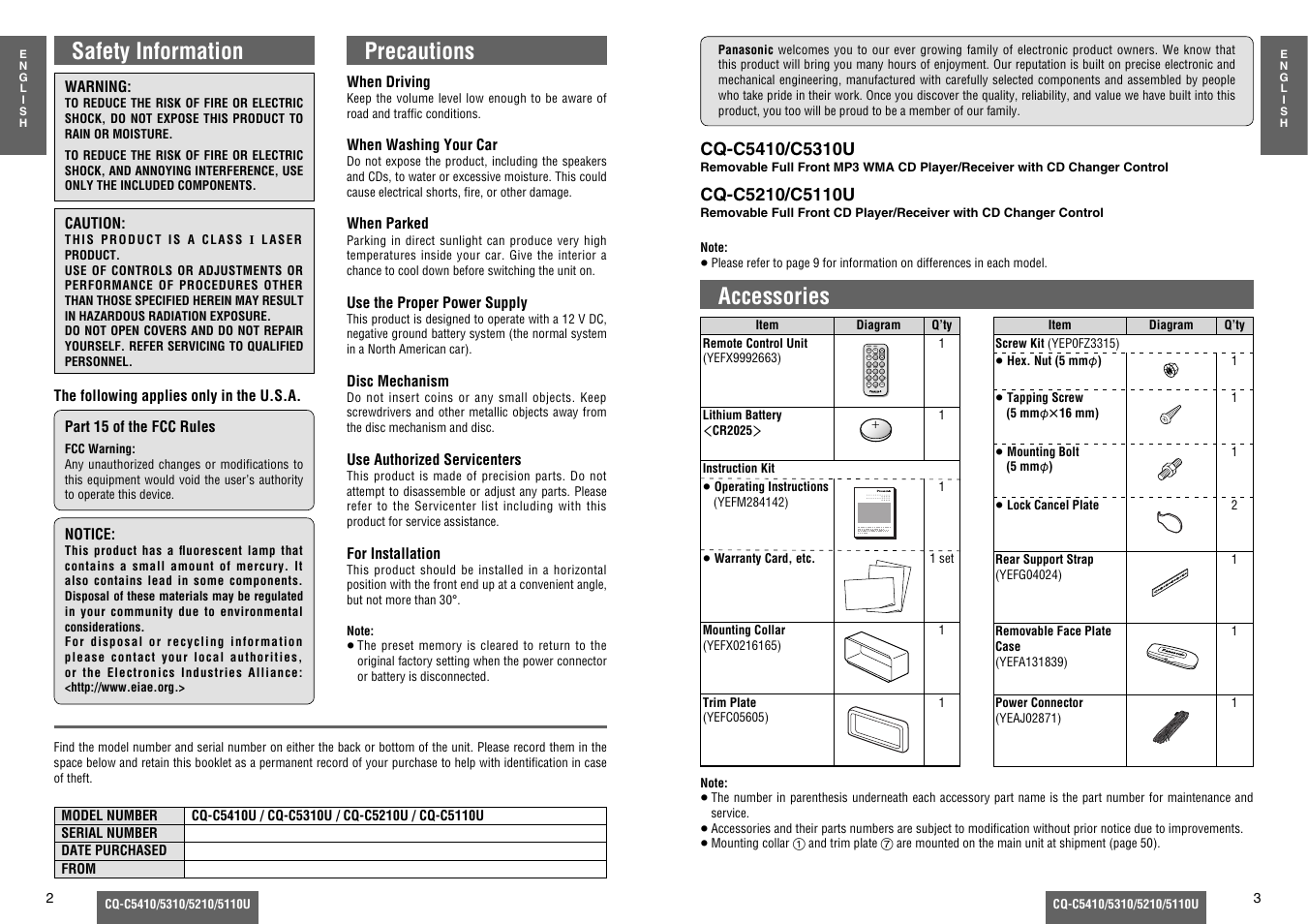 Safety information, Precautions, Accessories | Scan menu number 8 0 | Panasonic C5310U User Manual | Page 2 / 26