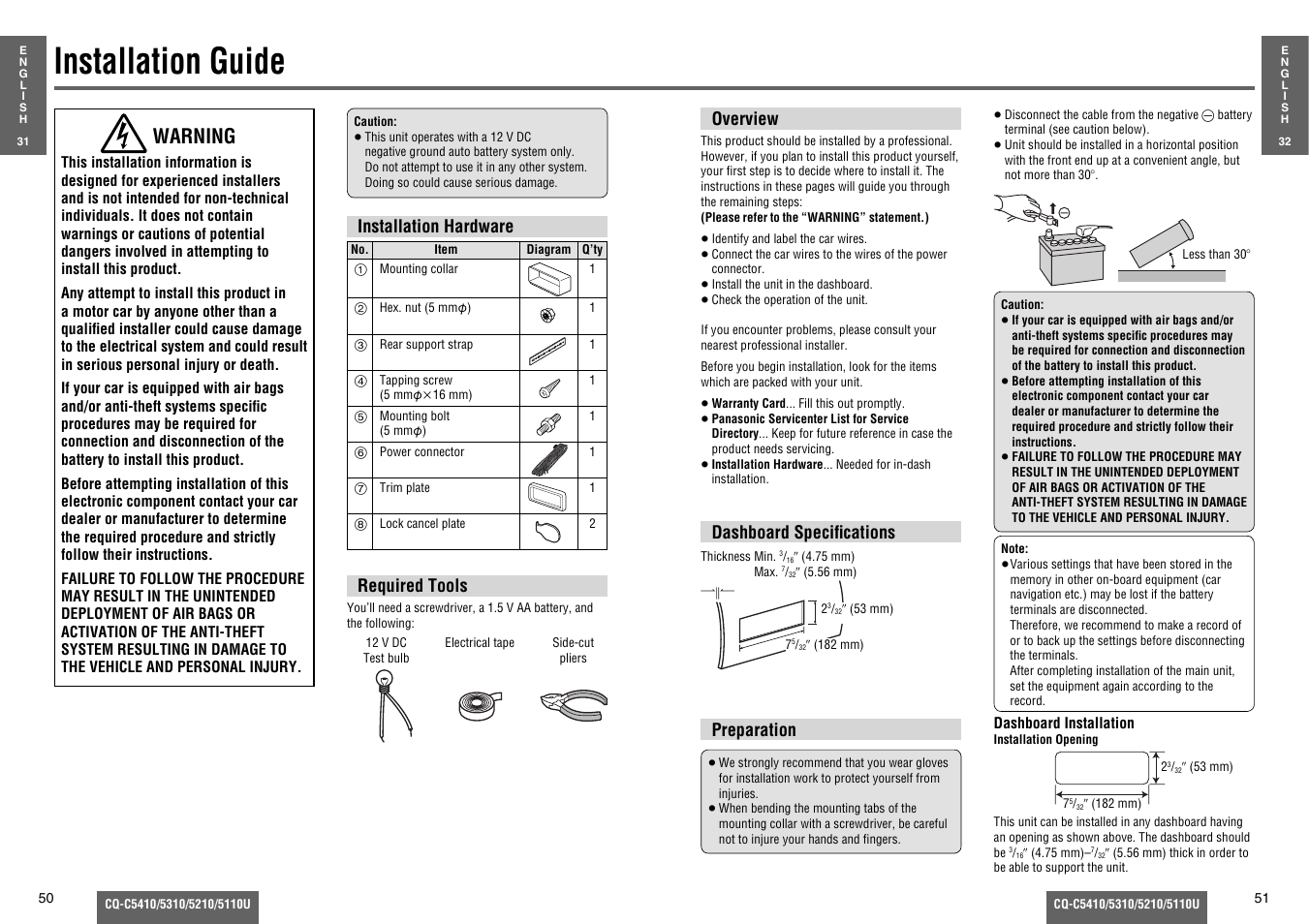 Installation guide, Warning | Panasonic C5310U User Manual | Page 20 / 26