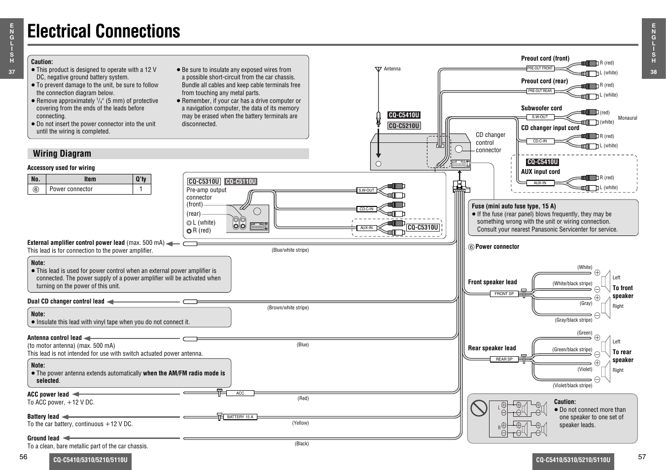 Electrical connections, Wiring diagram | Panasonic C5310U User Manual | Page 23 / 26