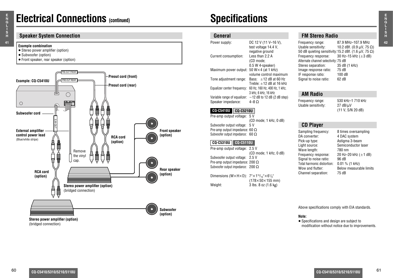 Specifications, Electrical connections, Specifi cations | Panasonic C5310U User Manual | Page 25 / 26