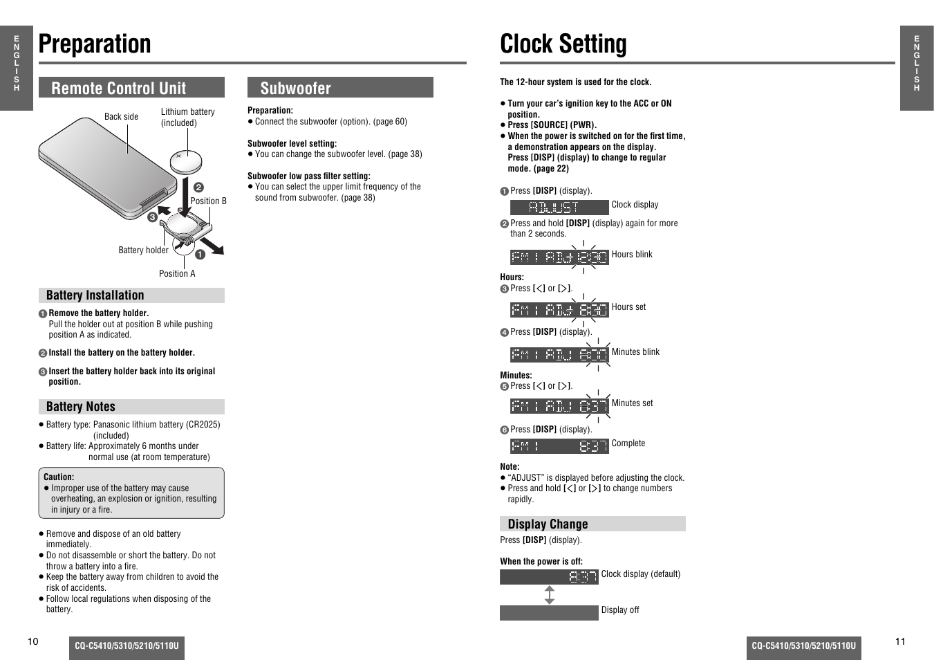 Preparation, Clock setting, Remote control unit | Subwoofer | Panasonic C5310U User Manual | Page 4 / 26
