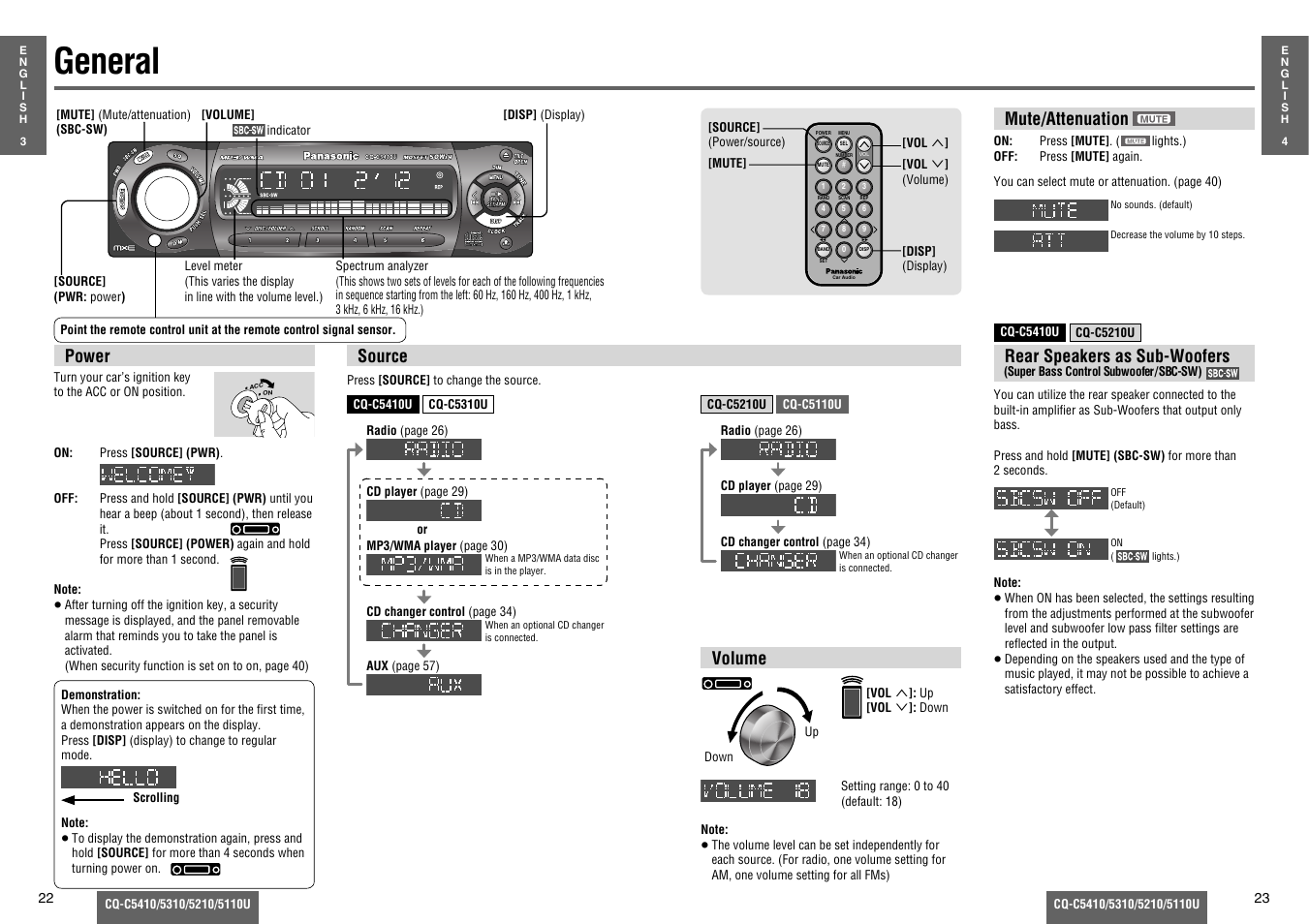 General, Volume, Source | Mute/attenuation, Power, Rear speakers as sub-woofers | Panasonic C5310U User Manual | Page 6 / 26