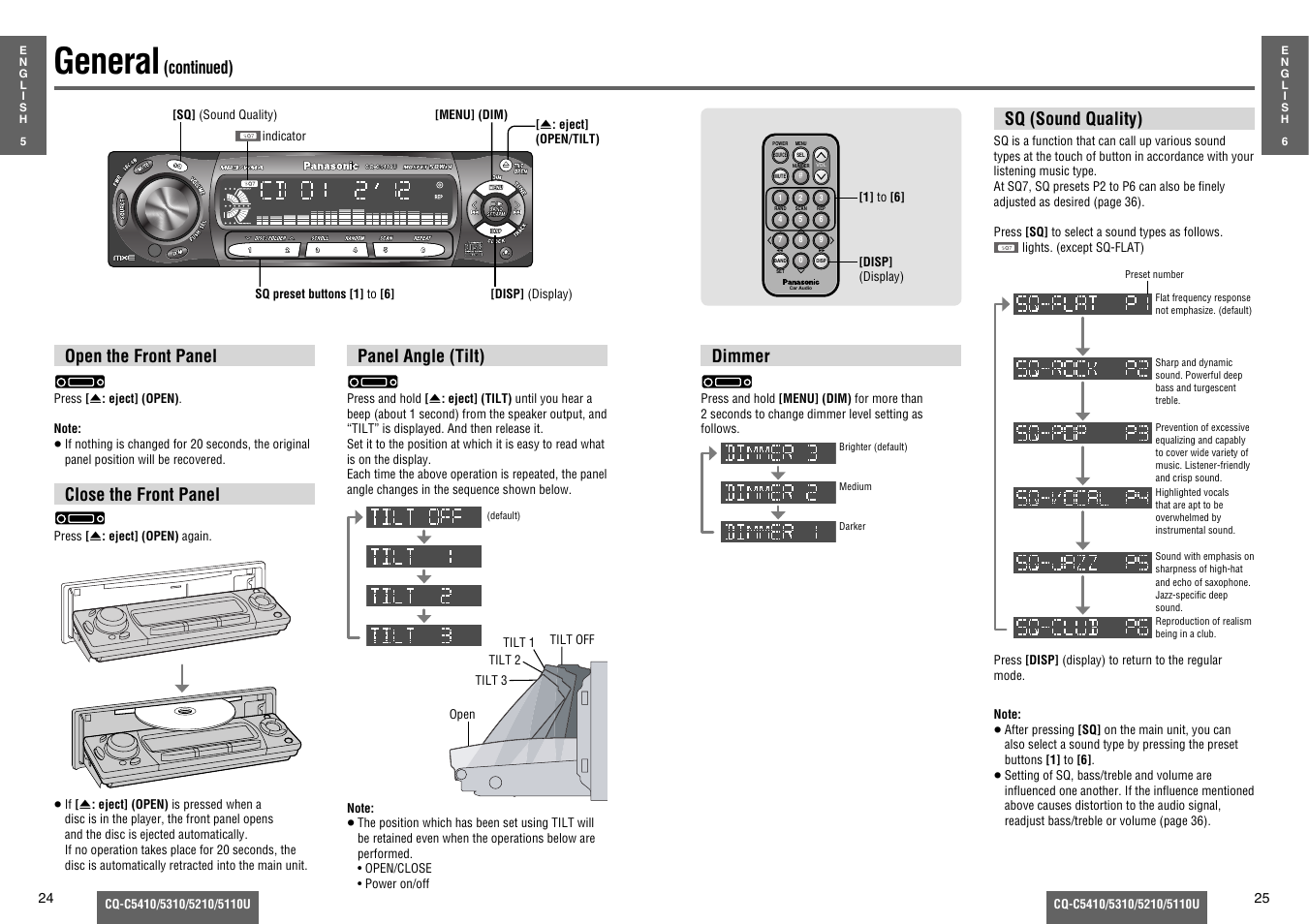 General, Continued) open the front panel, Close the front panel | Panel angle (tilt), Dimmer, Sq (sound quality) | Panasonic C5310U User Manual | Page 7 / 26