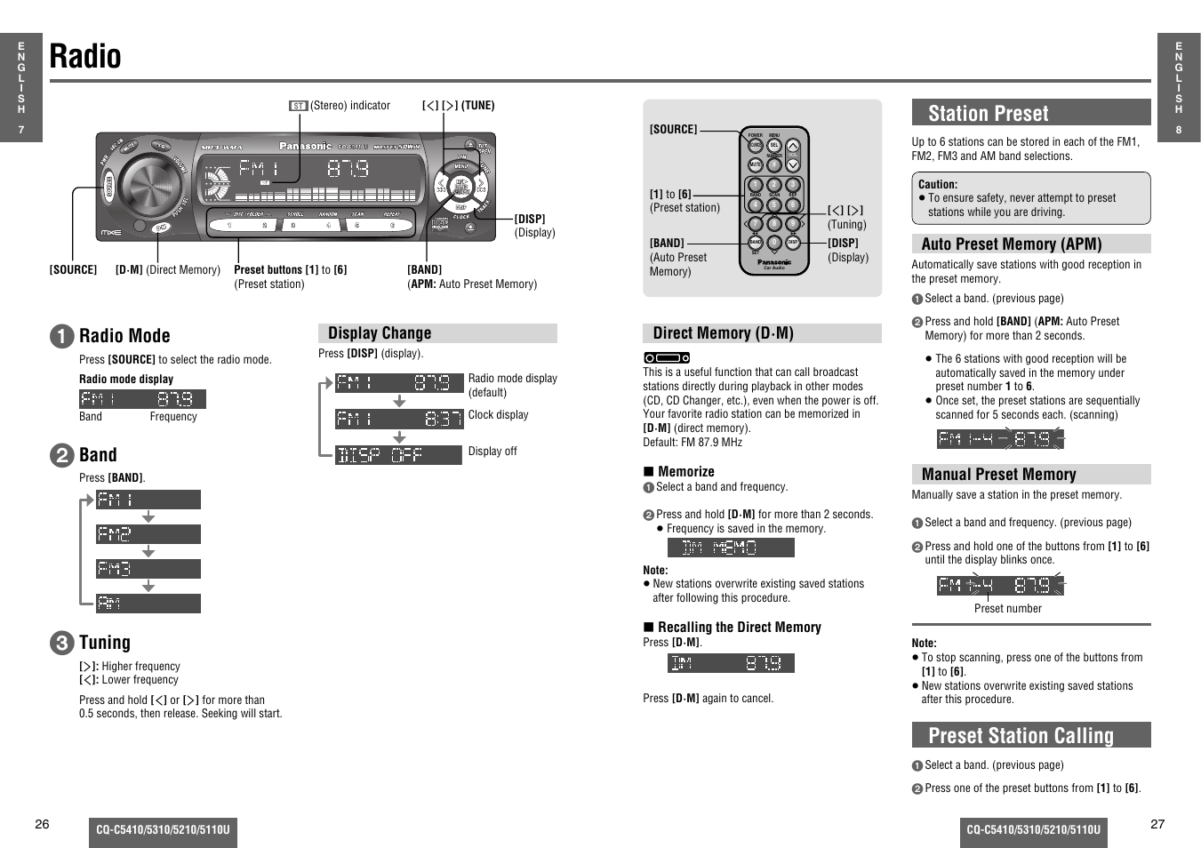 Radio, Station preset, Preset station calling | Radio mode, Band, Tuning | Panasonic C5310U User Manual | Page 8 / 26