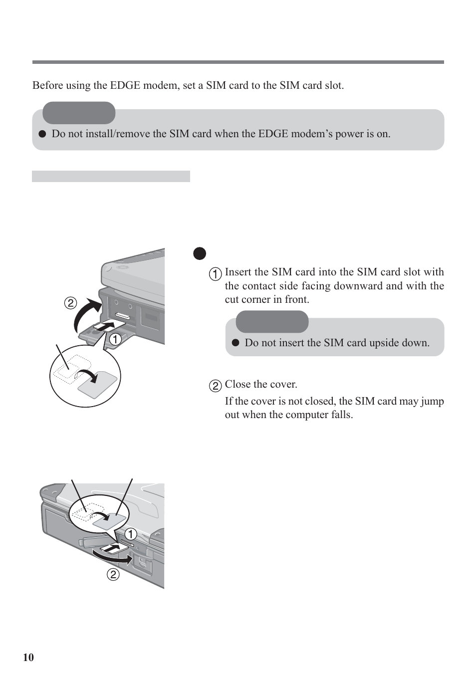 Installing/removing a sim card | Panasonic EDGE modem User Manual | Page 10 / 20