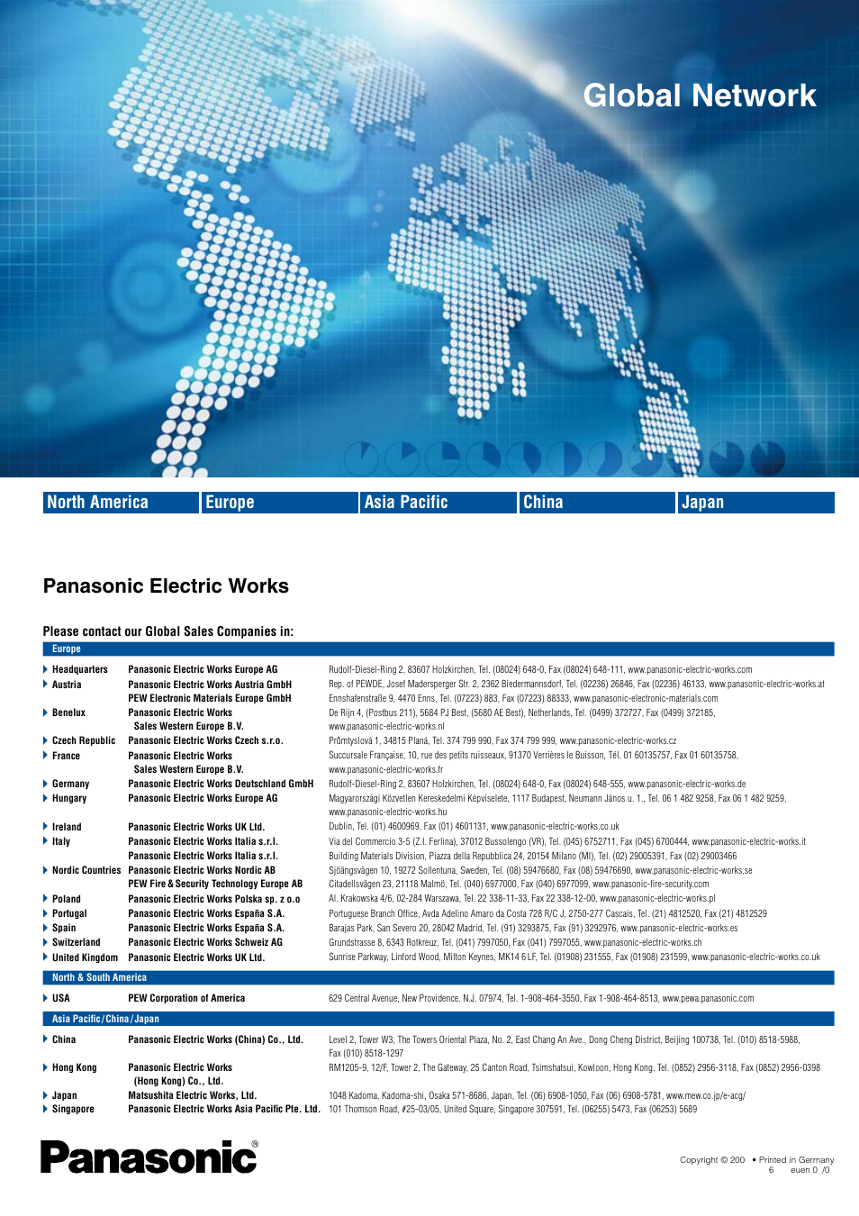 Global network, Panasonic electric works, Asia pacific china japan north america europe | Panasonic TB5560187 User Manual | Page 3 / 3