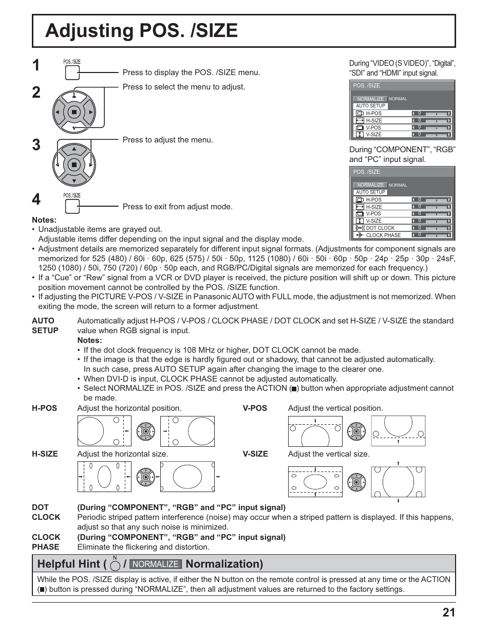 Adjusting pos. /size, Helpful hint, Normalization) | Panasonic TH-32LR11UK User Manual | Page 21 / 44