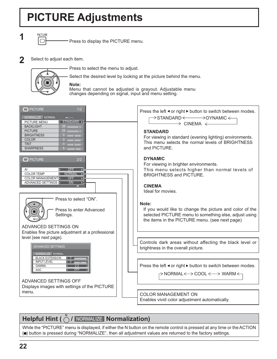 Picture adjustments, Helpful hint, Normalization) | Panasonic TH-32LR11UK User Manual | Page 22 / 44