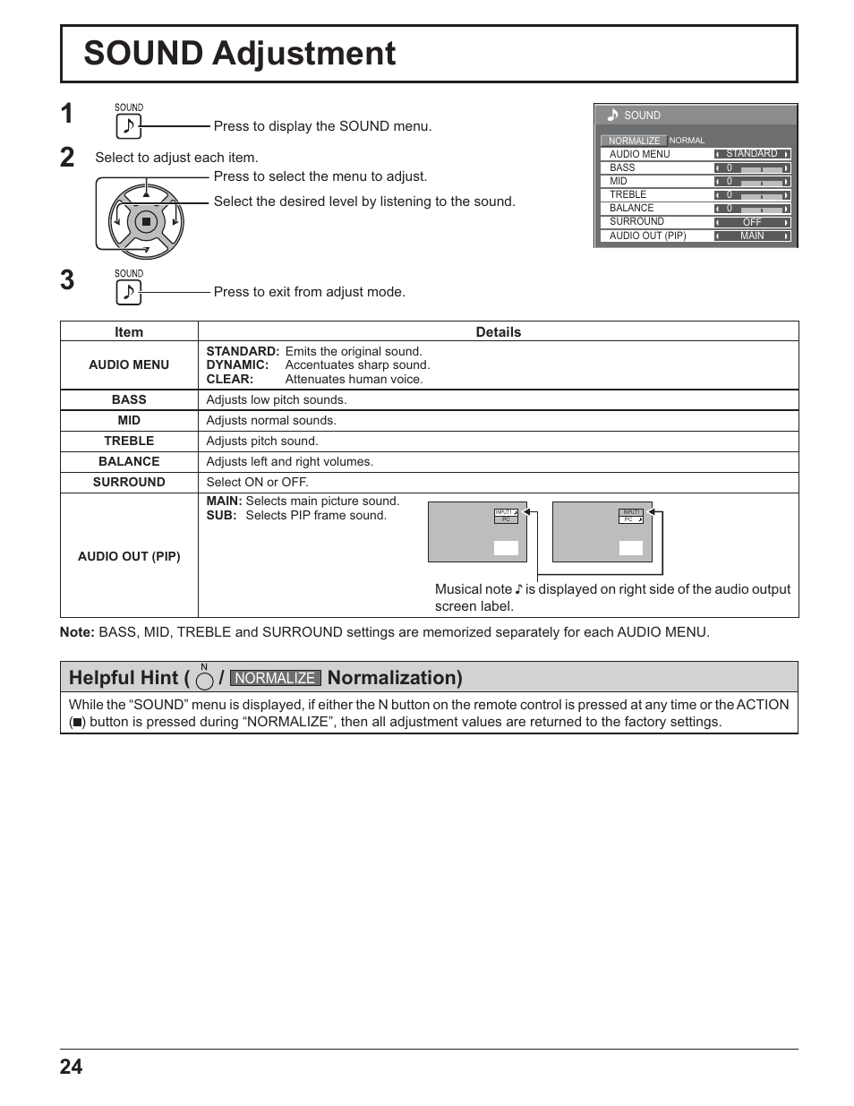 Sound adjustment, Helpful hint, Normalization) | Panasonic TH-32LR11UK User Manual | Page 24 / 44