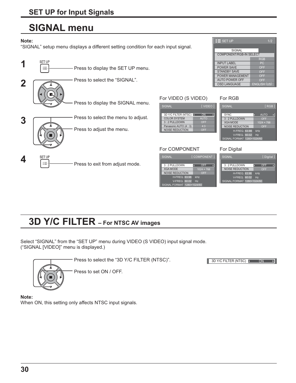 Signal menu, 3d y/c filter, Set up for input signals | For ntsc av images | Panasonic TH-32LR11UK User Manual | Page 30 / 44