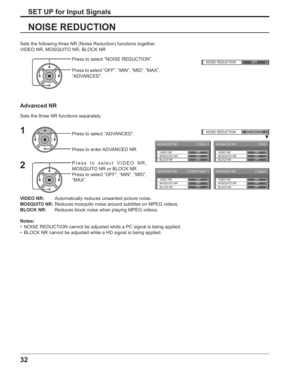 Noise reduction, Set up for input signals, Advanced nr | Panasonic TH-32LR11UK User Manual | Page 32 / 44