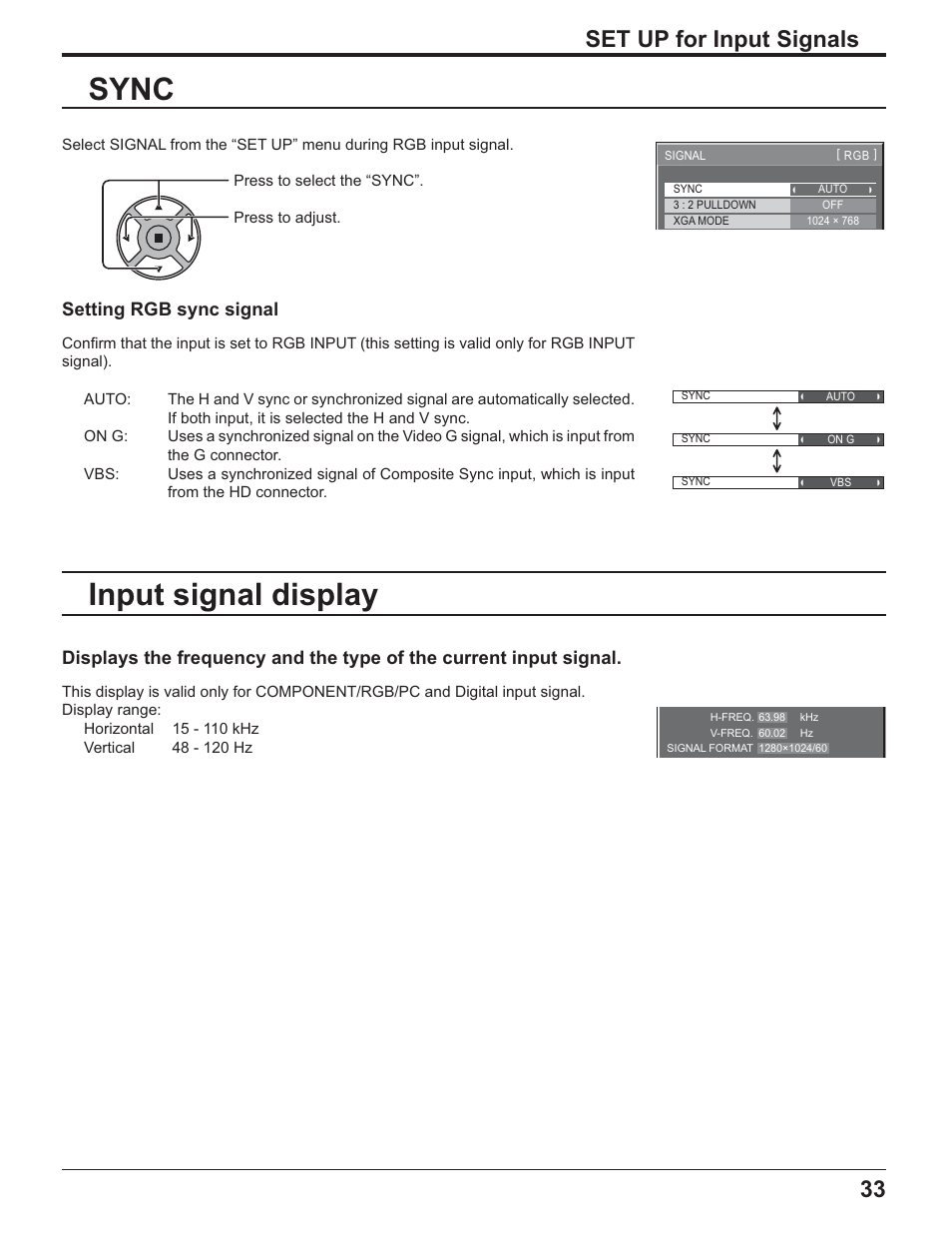 Sync, Input signal display, 33 set up for input signals | Setting rgb sync signal | Panasonic TH-32LR11UK User Manual | Page 33 / 44