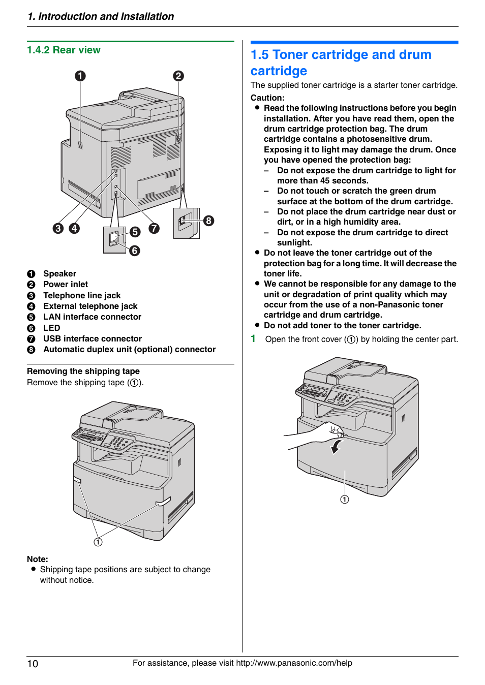 Installation, 5 toner cartridge and drum cartridge, Toner cartridge and drum cartridge | 5 toner cartridge and drum cartridge | Panasonic KX-MC6020 User Manual | Page 10 / 120