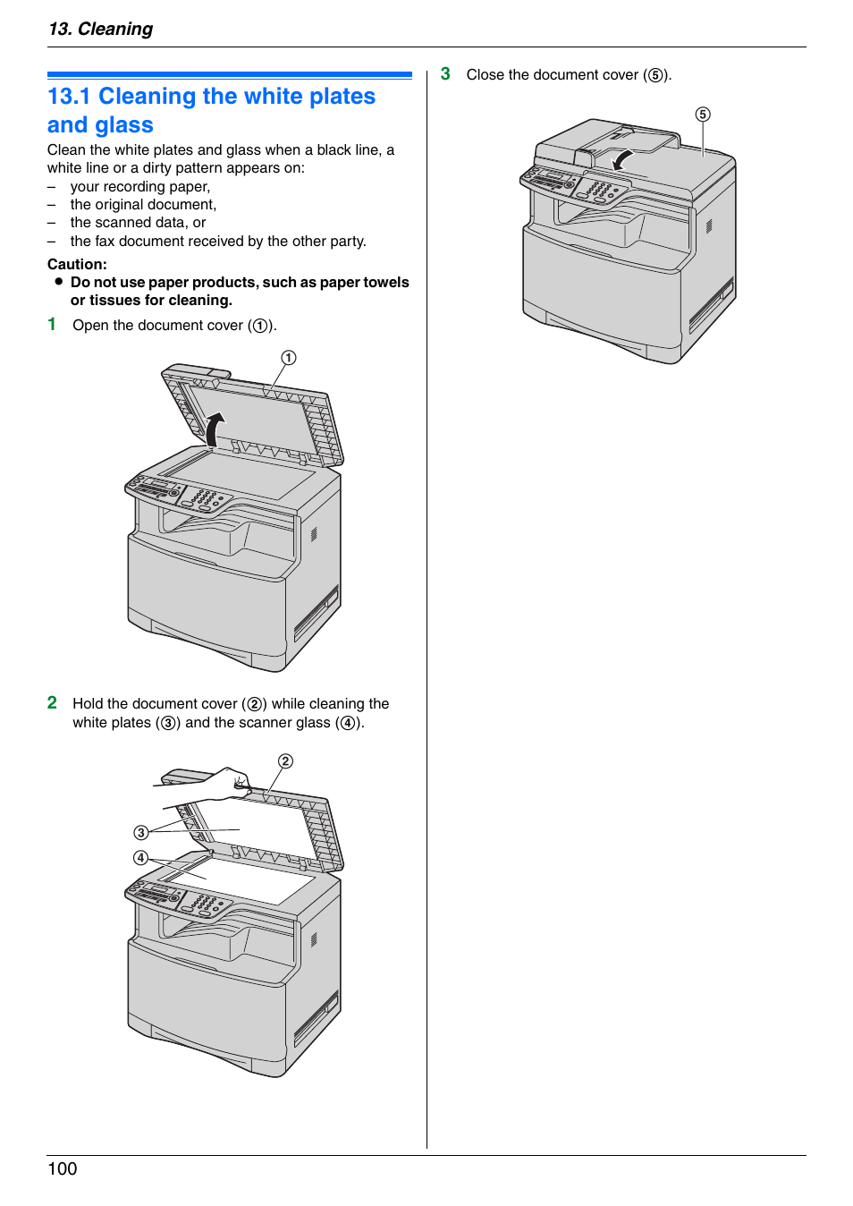 Cleaning, 1 cleaning the white plates and glass, Cleaning the white plates and glass | 1 cleaning the white plates and glass, Cleaning 100 | Panasonic KX-MC6020 User Manual | Page 100 / 120