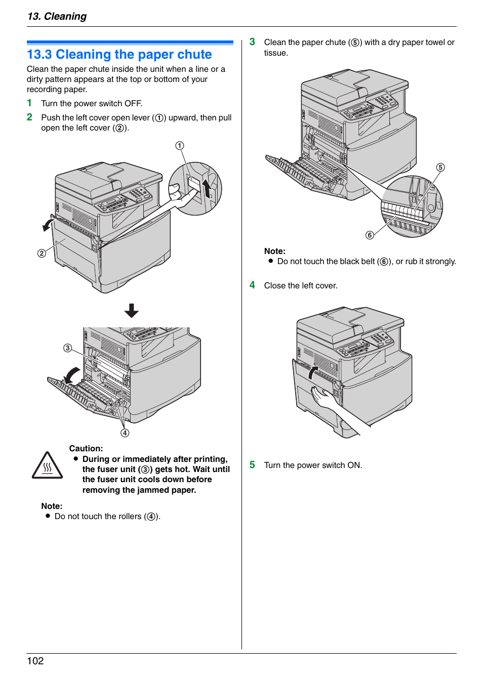 3 cleaning the paper chute, Cleaning the paper chute, 3 cleaning the paper chute | Panasonic KX-MC6020 User Manual | Page 102 / 120