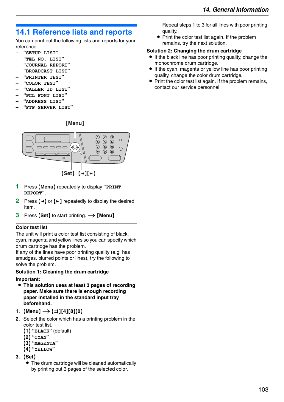 General information, Printed reports, 1 reference lists and reports | Reference lists and reports, 1 reference lists and reports, General information 103 | Panasonic KX-MC6020 User Manual | Page 103 / 120