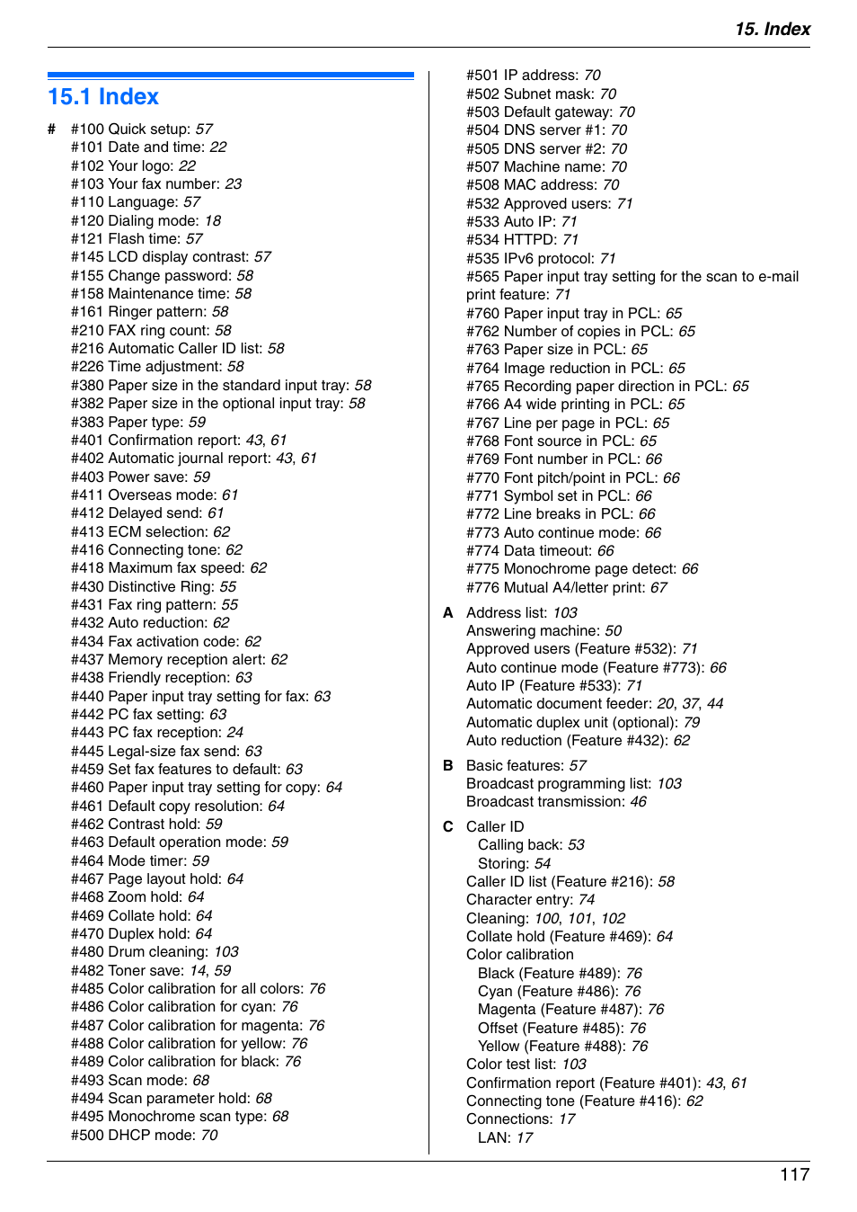 Index, 1 index, Index 117 | Panasonic KX-MC6020 User Manual | Page 117 / 120