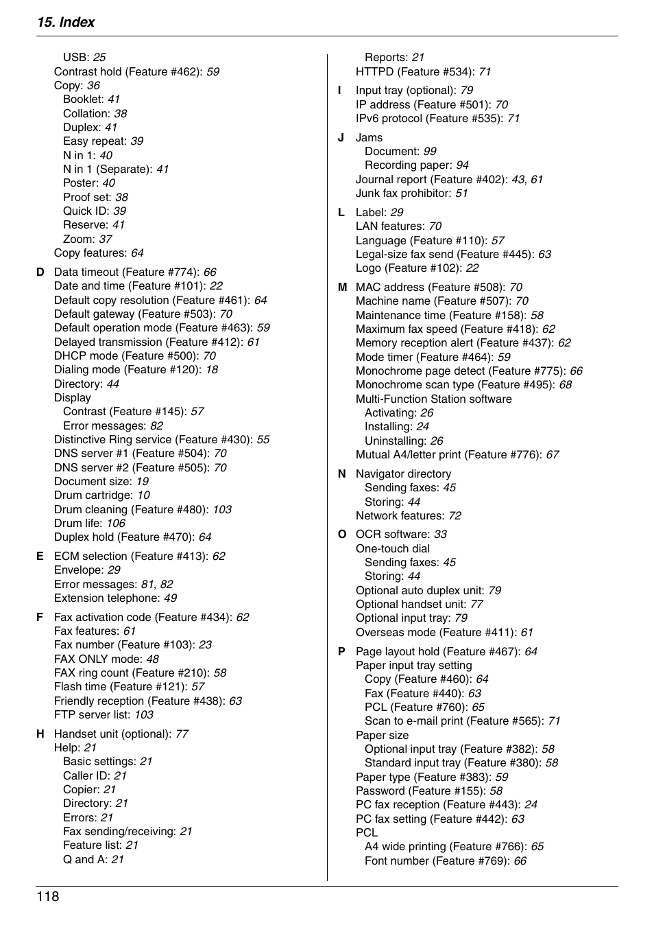 Index 118 | Panasonic KX-MC6020 User Manual | Page 118 / 120