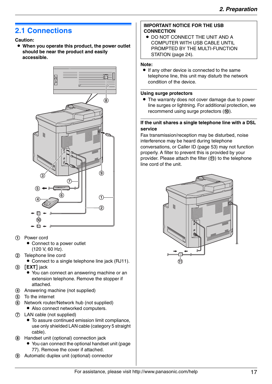 Preparation, Connections and setup, 1 connections | Connections, 1 connections, Preparation 17 | Panasonic KX-MC6020 User Manual | Page 17 / 120