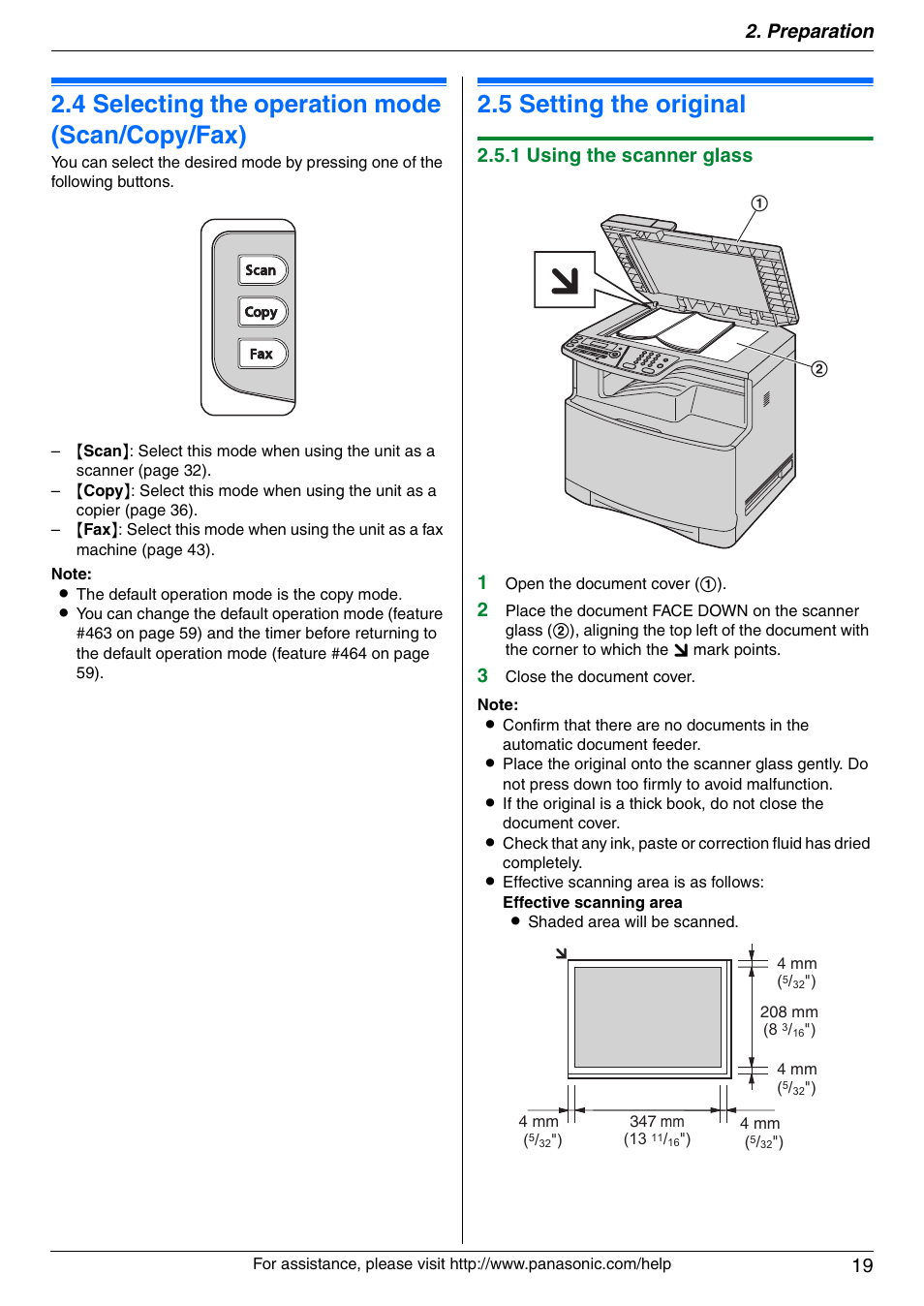 4 selecting the operation mode (scan/copy/fax), Document requirements, 5 setting the original | Selecting the operation mode (scan/copy/fax), Setting the original, 4 selecting the operation mode (scan/copy/fax), 5 setting the original, Preparation 19, 1 using the scanner glass 1 | Panasonic KX-MC6020 User Manual | Page 19 / 120