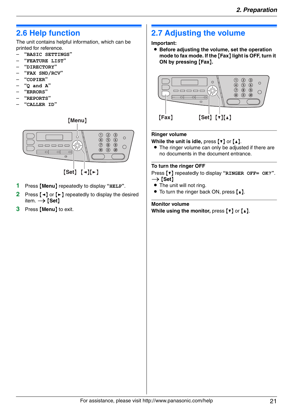 Help, 6 help function, Volume | 7 adjusting the volume, Help function, Adjusting the volume, 6 help function, 7 adjusting the volume, Preparation 21 | Panasonic KX-MC6020 User Manual | Page 21 / 120